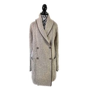 Y2K ROOTS Wool Blend Cardigan S Tan Brown Trim Double Breast Button Shawl Collar